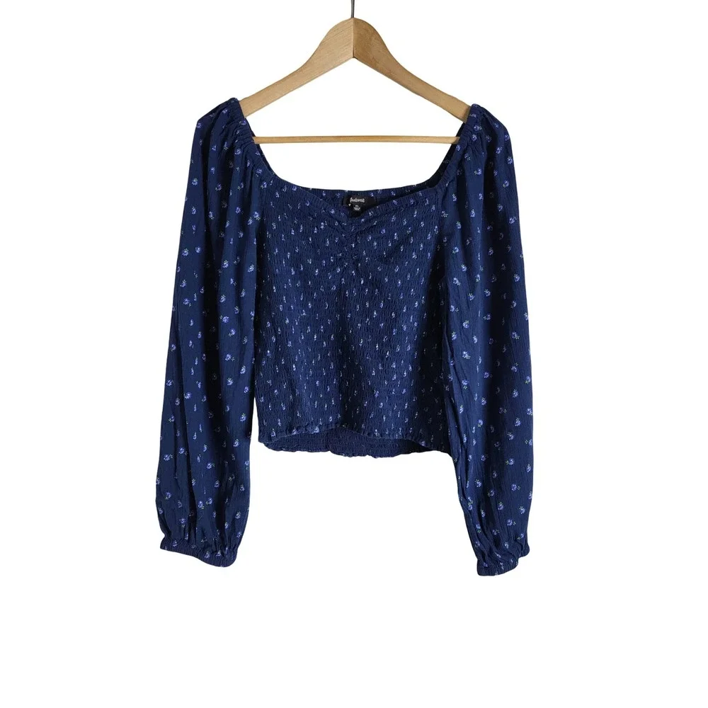 Madewell Smocked Long Sleeve Top Navy Floral Square Neck Blouse XL Cottage core